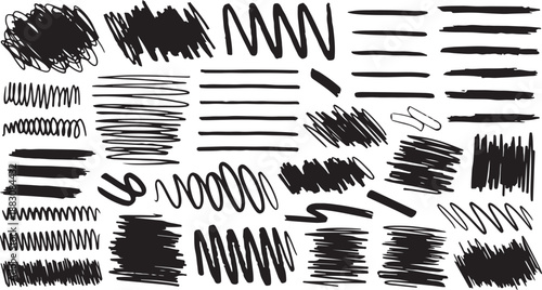 grunge strike elements. Set of hand drawn red pencil lines and strokes. Set of black hand drawn marker pen stroke line. Vector marker strokes and highlight lines.