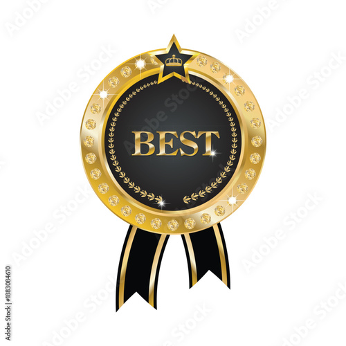 Shiny golden award medal with star, crown, and "best" text on a black and gold rosette