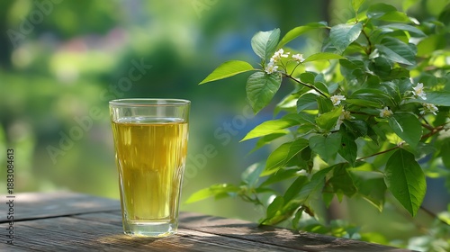 A refreshing glass of beer on a wooden table in a lush green garden setting outdoors