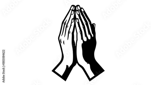 Praying hands icon in black and white. Concept of faith, prayer, hope, and spirituality. Vector illustration isolated on white.