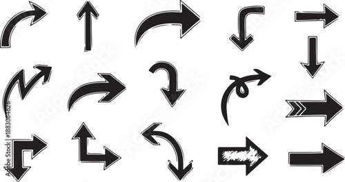 Grungy hand-drawn black arrow icon element with rough strokes and distressed style for graphic design use