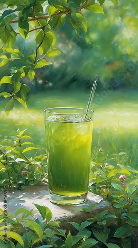 A refreshing glass of green juice with ice and a straw on a stone surrounded by lush greenery