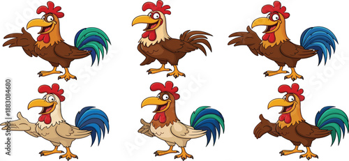 Optimized Title Set of Cute Cartoon Rooster Characters with Colorful Feathers and Red Combs in Various Poses Isolated on White Background for Farm Theme Graphic Design