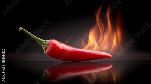 A red chili pepper with flames rising behind it on a dark reflective surface