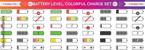Battery icon set. Battery Full charge indicator or low charge sign. Level battery Energy powerfully full.