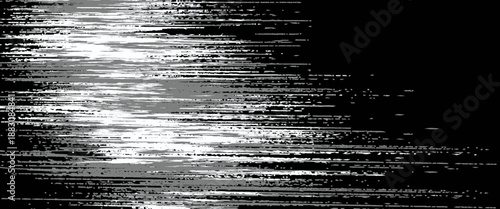 abstract digital light glitch background with horizontal lines and motion blur effect in black and white tones.