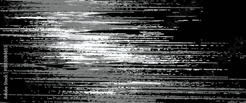 abstract digital light glitch background with horizontal lines and motion blur effect in black and white tones.