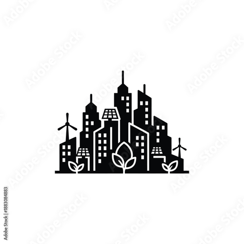 Eco-friendly cityscape illustration with renewable energy sources