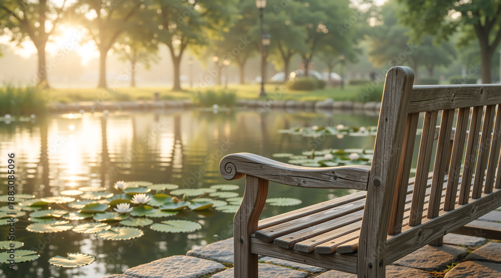 Fototapeta premium Wooden park bench by a pond with water lilies at sunrise. Golden hour sunlight filtering through trees in a public garden. Empty seat overlooking a lake in the morning