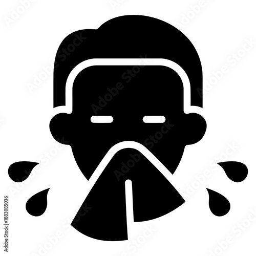 Black Glyph Icon of Person Blowing Their Nose with Tissue Due to Allergies or Cold Isolated on White Background Representing Sickness