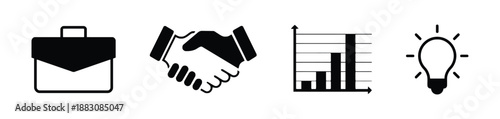 Briefcase handshake graph and lightbulb icons represent business agreement progress ideas and concepts in simple linear black symbols on white background corporate success