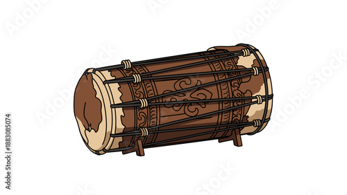Traditional Islamic drum or Bedug. Symbol of Ramadan and call to prayer in Southeast Asia. Wood and leather percussion instrument. Vector illustration.