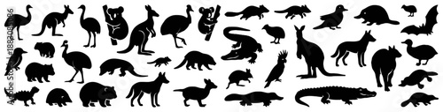 Collection of australian animal silhouette vector illustration kangaroo koala wombat platypus crocodile emu dingo isolated on white background