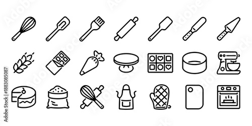 Collection of Baking Related Symbols in Outline Style for Confectionery Culinary and Kitchen Designs Two Rows of Baking Icons Isolated on White Background