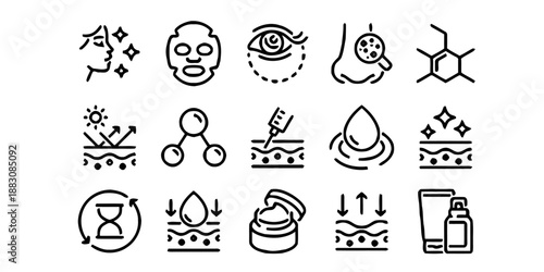 Collection of Beauty and Skin Care Icons in Linear Style for Promoting Youth and Healthy Complexion Aiming at Cleanliness and Good Habits Treatment