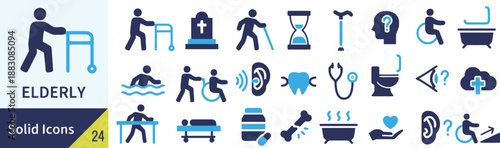 Collection of Elderly Icons Portraying Senior Care Assistance and Support Including Mobility Aids Health Monitoring and Accessibility Solutions in Clean Vector Style