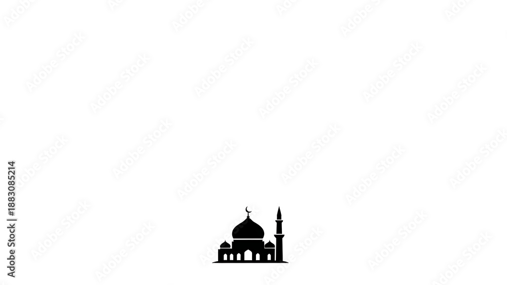 Naklejka premium Black silhouette of a mosque with a dome and minaret on a white background, representing Islamic architecture and worship.