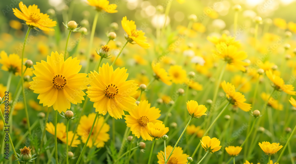 Fototapeta premium Yellow coreopsis flowers blooming in a sunny field. Close up of bright yellow daisies in a garden during golden hour. Nature floral background with soft bokeh and sunlight flares
