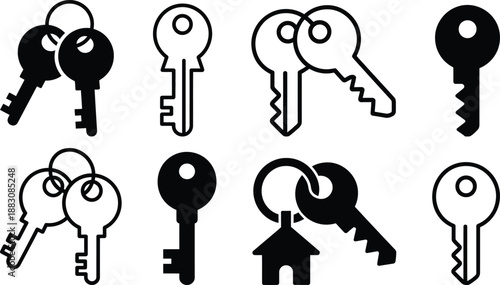 Collection of various key icons in black and white