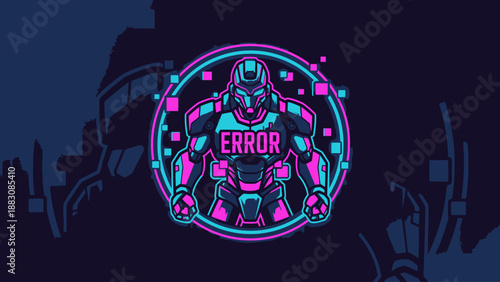 Neon Cyberpunk Robot Mascot with "ERROR" Text. Futuristic Mecha Logo Design in Synthwave Style for Gaming, AI, and Technology.