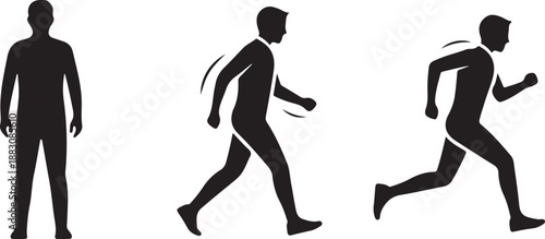 A simple black and white illustration showing a sequence of stick figure movements