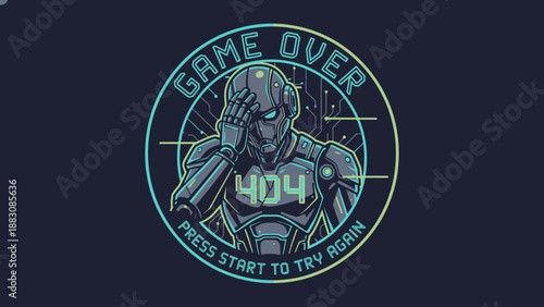 Cyberpunk Robot 404 Error Badge: Game Over Illustration for Website Failure, Technology Malfunction, and Gaming Mascot Design.