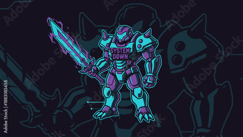Neon Mecha Warrior Mascot with Energy Sword. Futuristic Power Armor Illustration with "System Down" Glitch Text for Gaming and Esports Logo.