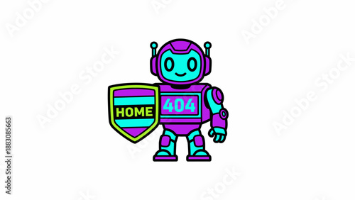 Neon 404 Error Page Robot Assistant Holding Home Shield. Cute Bot Character Vector Illustration for Website Not Found Templates.
