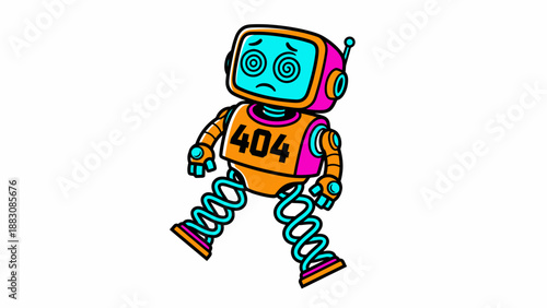 Colorful 404 Error Robot Mascot with Dizzy Eyes. Vector Cartoon Illustration for Page Not Found, Website Glitch, and Broken Connection.