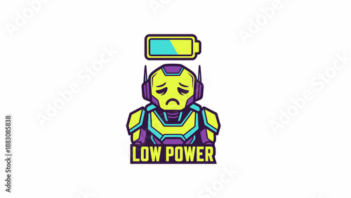 Neon Low Power Robot Mascot with Sad Face and Battery Charge Indicator. Energy Depletion, Tech Burnout Warning Sign Sticker.