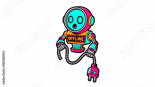 Vibrant Retro Cartoon Robot Character Offline Holding Disconnected Power Plug. Error, Network Status, Disconnection Mascot Icon.