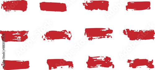 Red paint brush stroke collection with rough textured edges on white background. Abstract grunge brush marks create artistic highlights and banners. Ideal for design, branding, and creative layouts. 