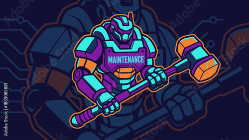 Neon Maintenance Robot Mascot Logo holding a Sledgehammer. Futuristic Mech Character Illustration for Esport, Gaming, or Repair Service Branding.
