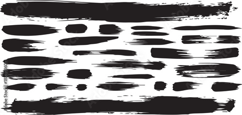 Large set of black paint, ink brush, brush. Dirty element design, box, frame or background for text. Line or texture. Vector illustration. Isolated on white background.