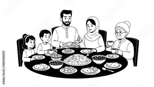 Happy Muslim multi-generational family having dinner together