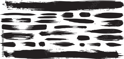 Large set of black paint, ink brush, brush. Dirty element design, box, frame or background for text. Line or texture. Vector illustration. Isolated on white background.
