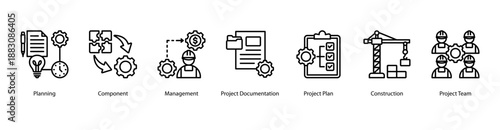 Business Planning web banner icon vector illustration featuring Planning, Component, Management, Project Documentation, Project Plan, Construction, and Project Team.