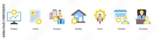 Business Analytics web banner icon vector illustration featuring Analytics, Invoice, Company, Building, Future, Schedule, and Consulting.