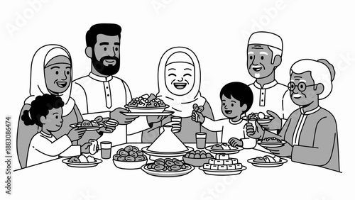 Happy Muslim multi-generational family having dinner together.