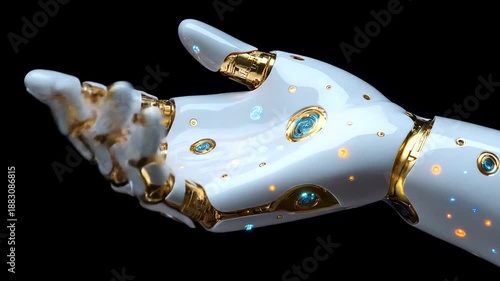 Futuristic Robot Hand Reaching Out on Black Background.
