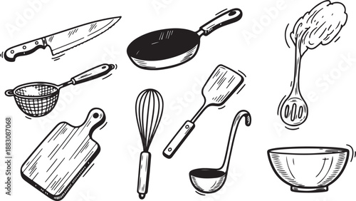 Collection of baking and cooking utensil icons in a simple line art style