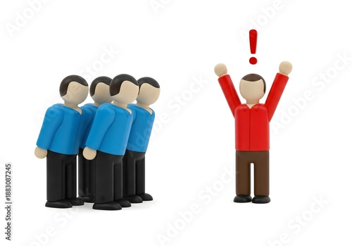Single figure standing out from group with raised arms and exclamation mark showing initiative attention leadership confidence and standing apart from the crowd