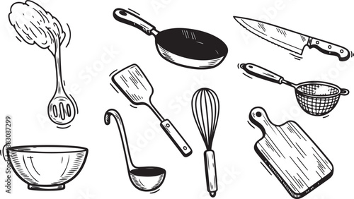 Collection of baking and cooking utensil icons in a simple line art style