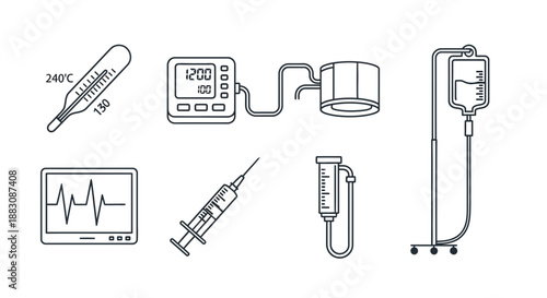 Medical Equipment Icons: Thermometer, Monitor, Syringe, IV Drip, BP Cuff