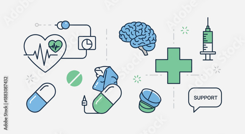 Medical Health Care Icons: Brain, Heartbeat, Pills, Syringe, Support