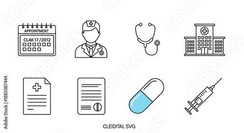 Medical Healthcare Icons Set: Doctor, Hospital, Calendar, Stethoscope, Syringe, Pill