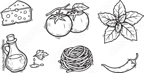 Italian food dishes and charcuterie in hand drawn whimsical style. Sketch chalk doodles of breakfast and dinner meals. Crayon drawing for menus and invitations.