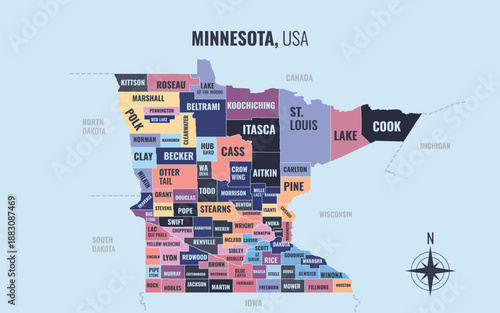 A map showing MN Minnesota USPS into County in a minimalist colorful style
