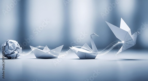 Paper boats arranged from crumpled to smooth on calm surface symbolizing transformation improvement learning journey and progress through creativity and perseverance