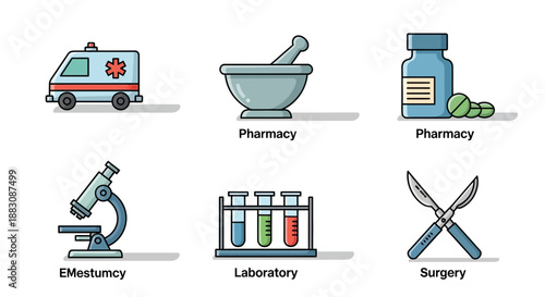 Medical Icons: Ambulance, Mortar Pestle, Pharmacy, Microscope, Lab, Surgery
